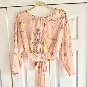 H&M - Floral Peach Chiffon Tie - Open Back - Long Sleeve Top -  Size 6